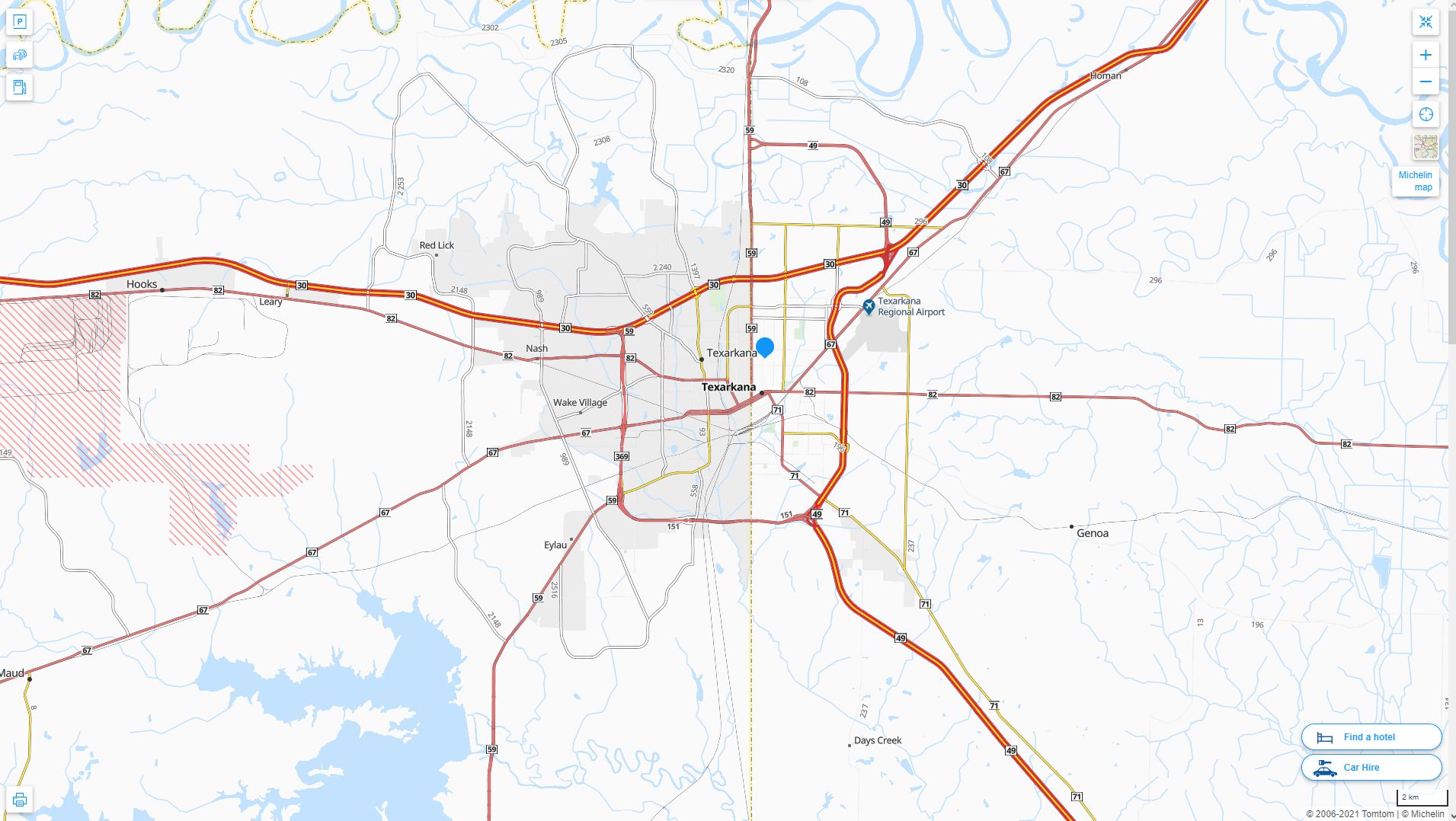 Texarkana Arkansas Highway and Road Map